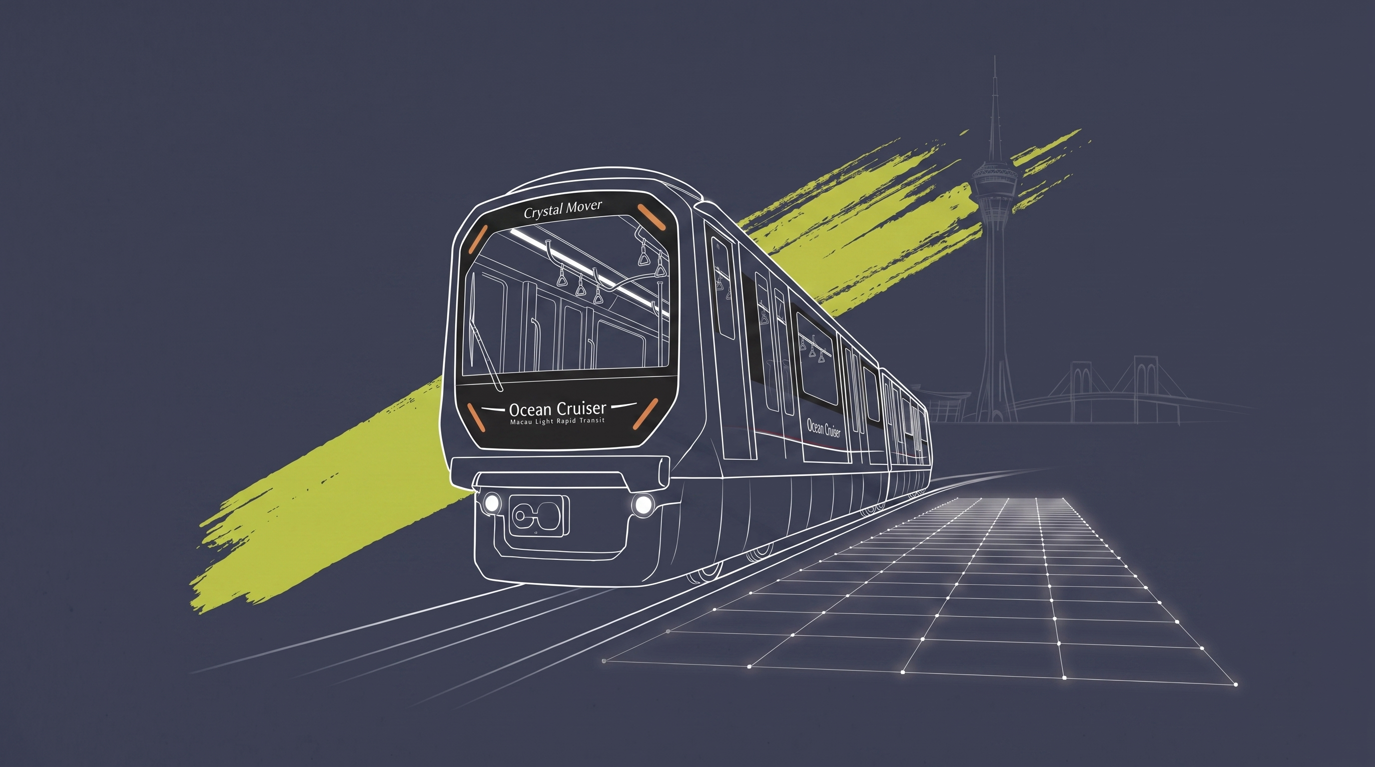 3D 沉浸式輕軌體驗概念圖:濱海巡航列車與澳門地標線稿